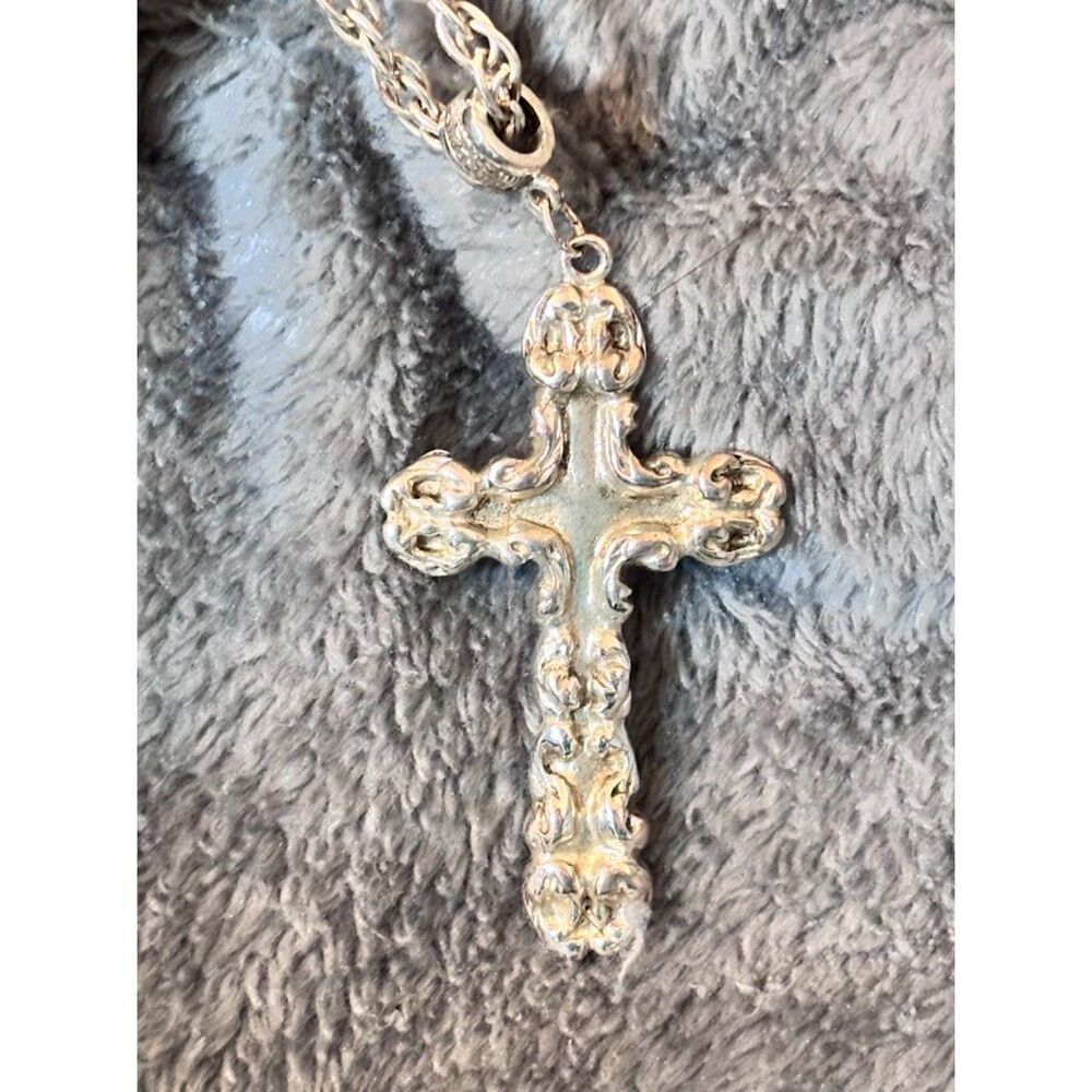 Vintage 1928 Silver Tone Cross Necklace 32" Weave Chain Textured Filigree Signed